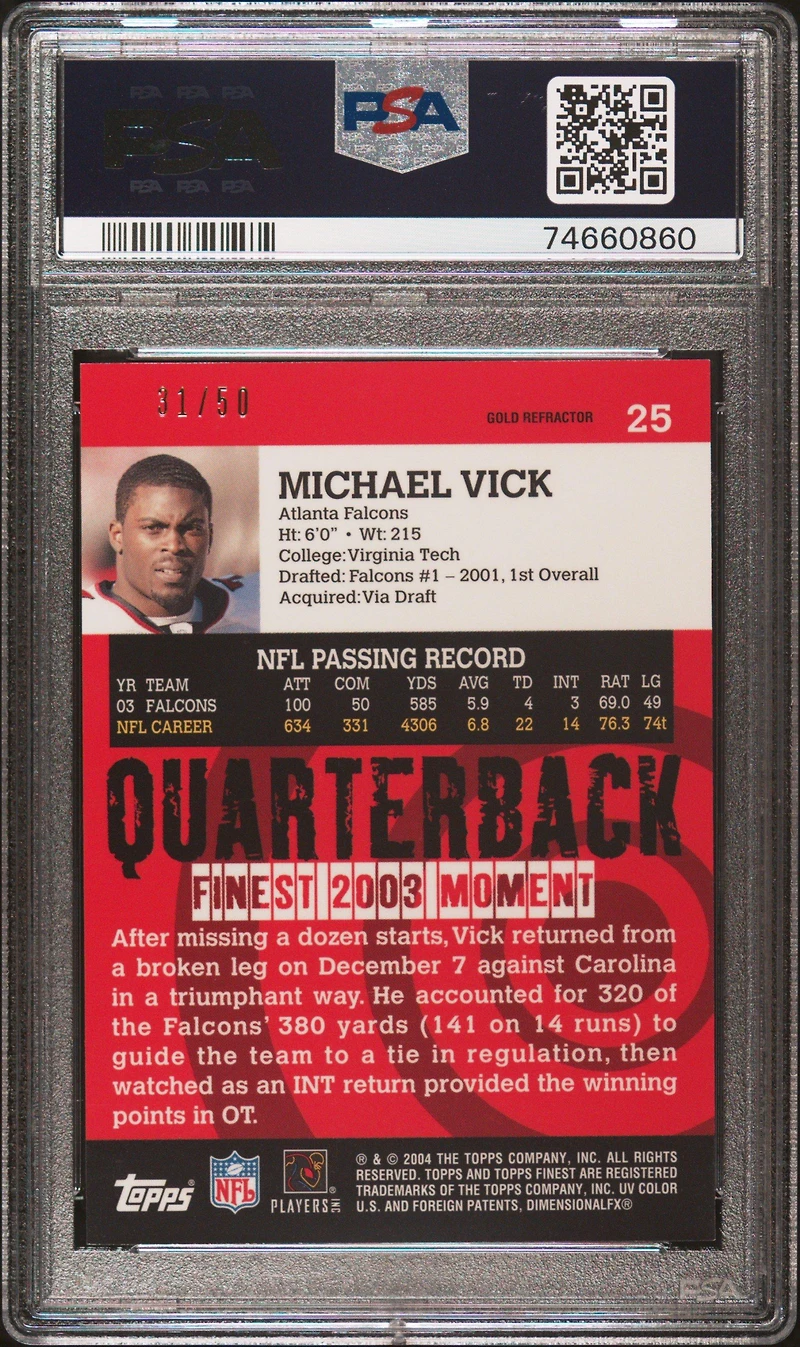 2004 Finest 25 Michael Vick Gold Refractor PSA 9