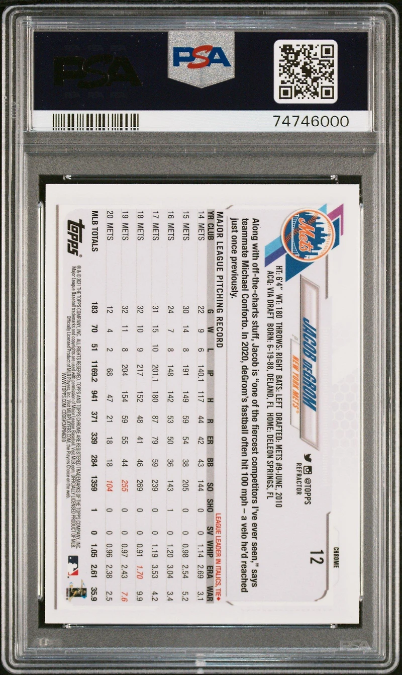 2021 Topps Chrome 12 Jacob Degrom Refractor PSA 9