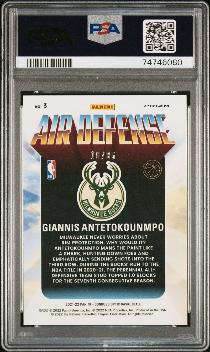 2021 Panini Donruss Optic Air Defense 3 Giannis Antetokounmpo Blue PSA 10