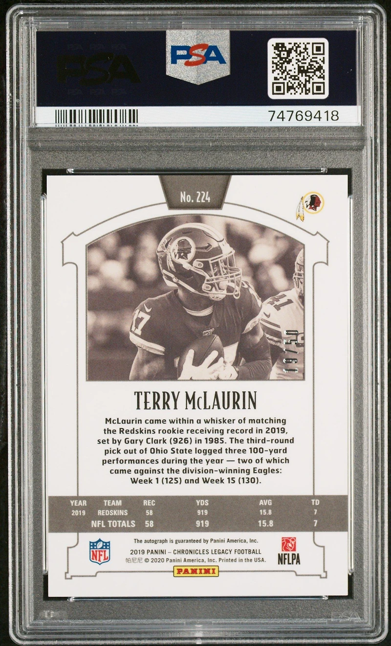 2019 Panini Chronicles Legacy 224 Terry Mclaurin Signature-red PSA 10