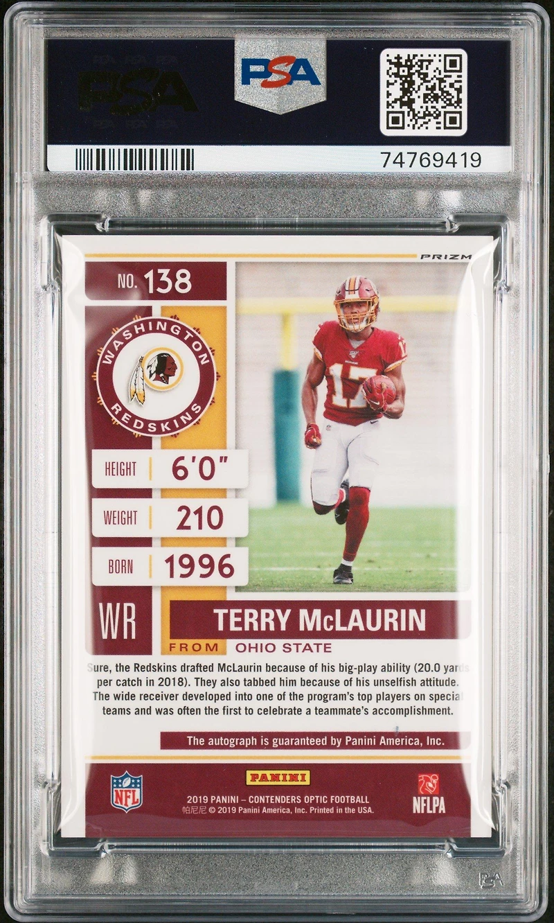 2019 Panini Contenders Optic 138 Terry Mclaurin Autograph PSA 10