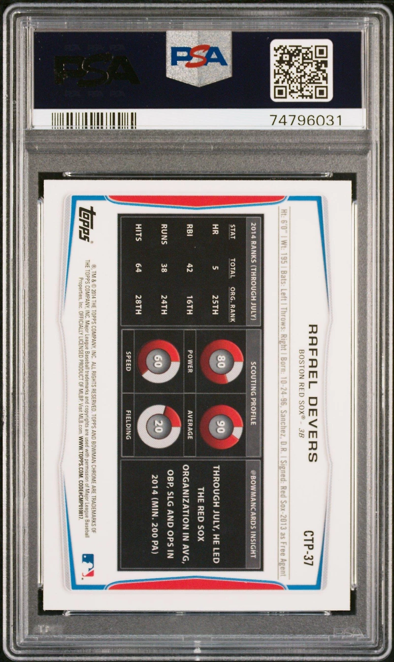 2014 Bowman Draft Picks Top Prospects Ctp37 Rafael Devers Chrome-refractor PSA 9