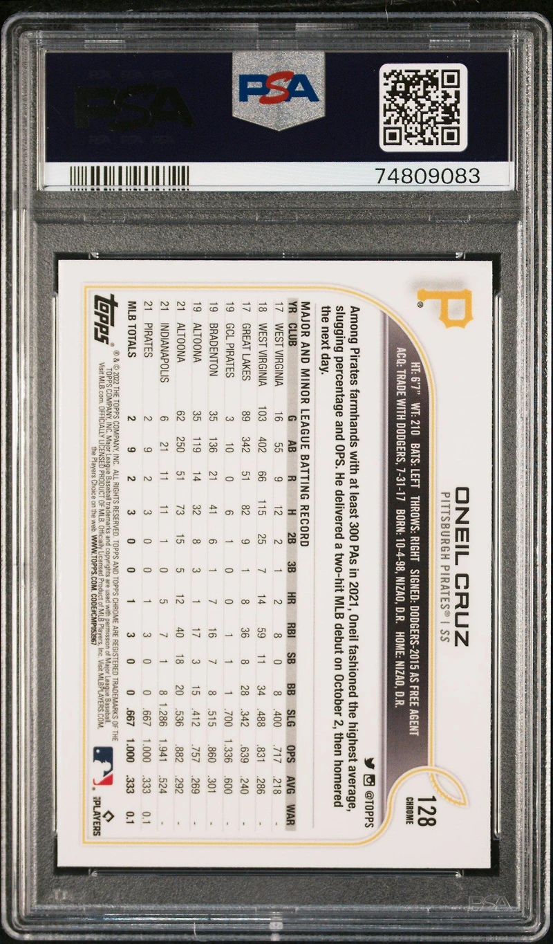 2022 Topps Chrome 128 Oneil Cruz X-fractor PSA 10