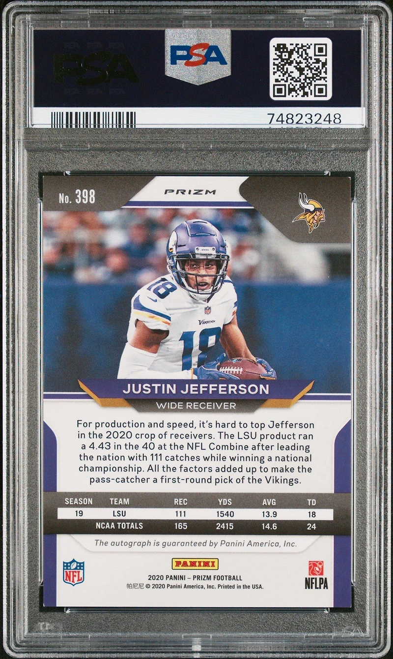 2020 Panini Prizm 398 Justin Jefferson Autograph-neon Green Pulsar PSA 8