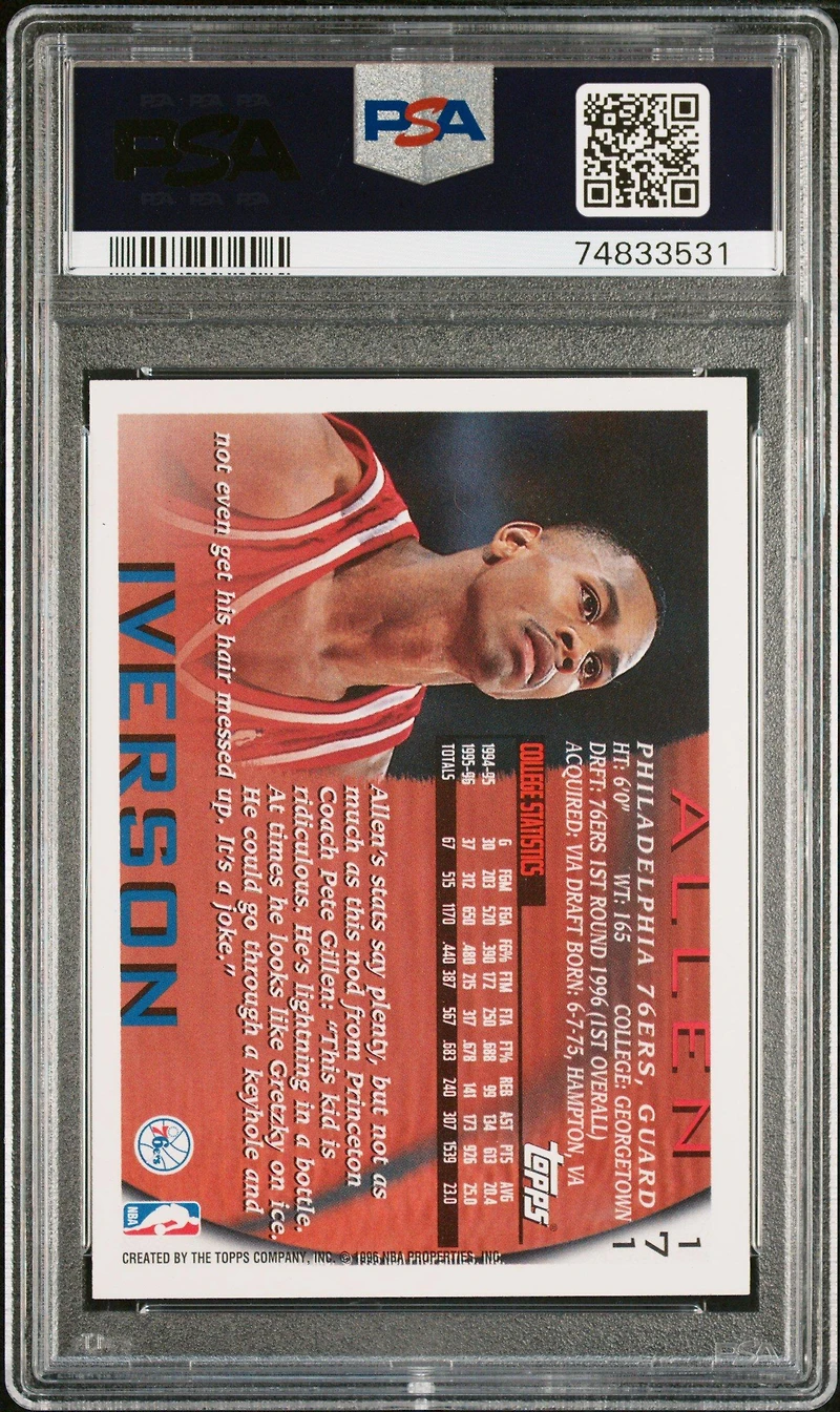 1996 Topps 171 Allen Iverson Nba 50th PSA 9