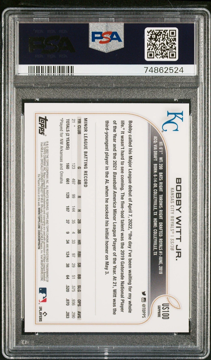 2022 Topps Chrome Update Sapphire Edition 100 Bobby Witt Jr. PSA 10