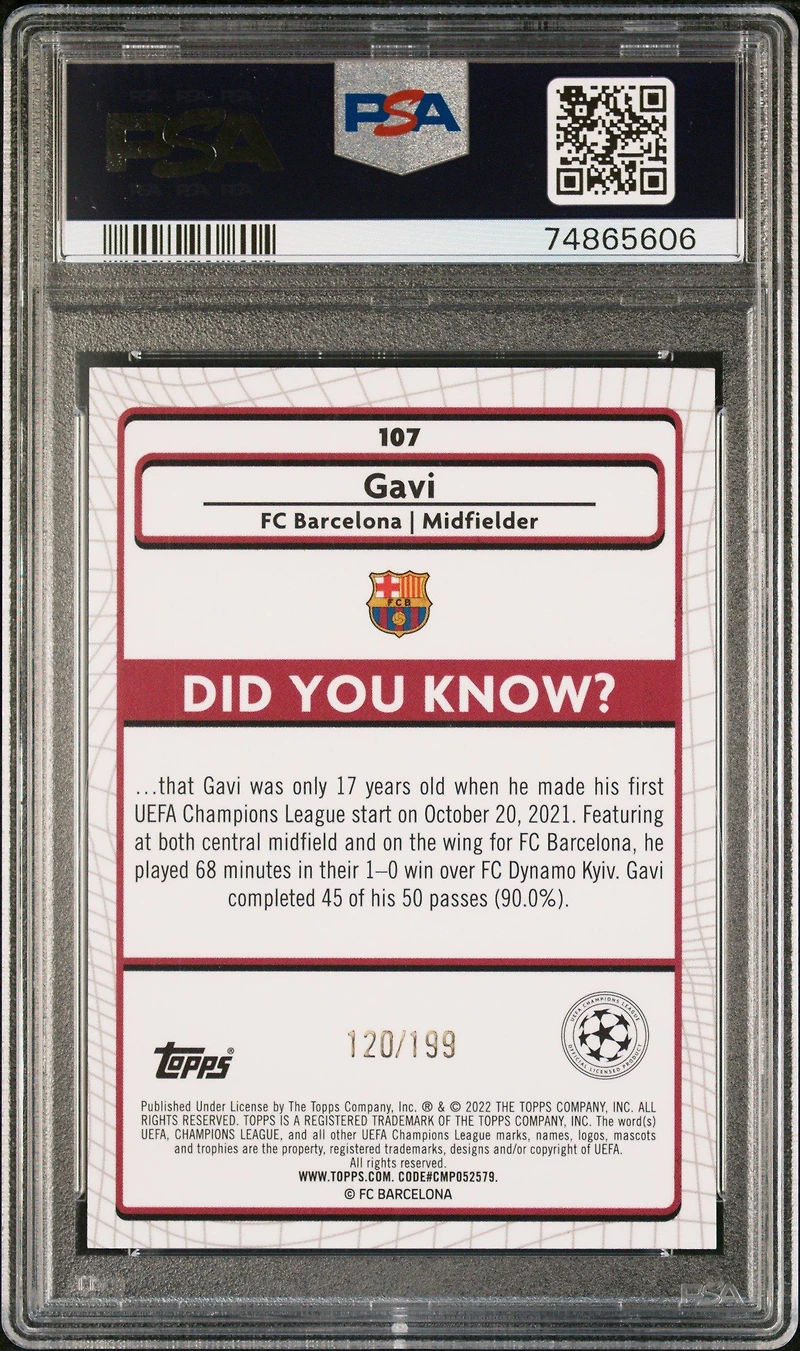 2021-2022 Topps Merlin Chrome Uefa League 107 Gavi Aqua Refractor PSA 9