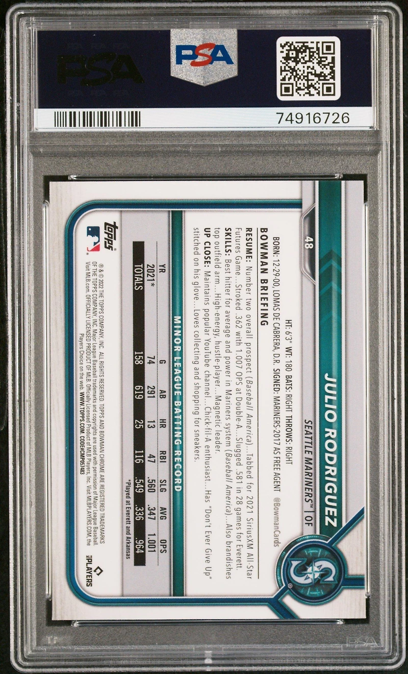 2022 Bowman Chrome Sapphire Edition 48 Julio Rodriguez PSA 9