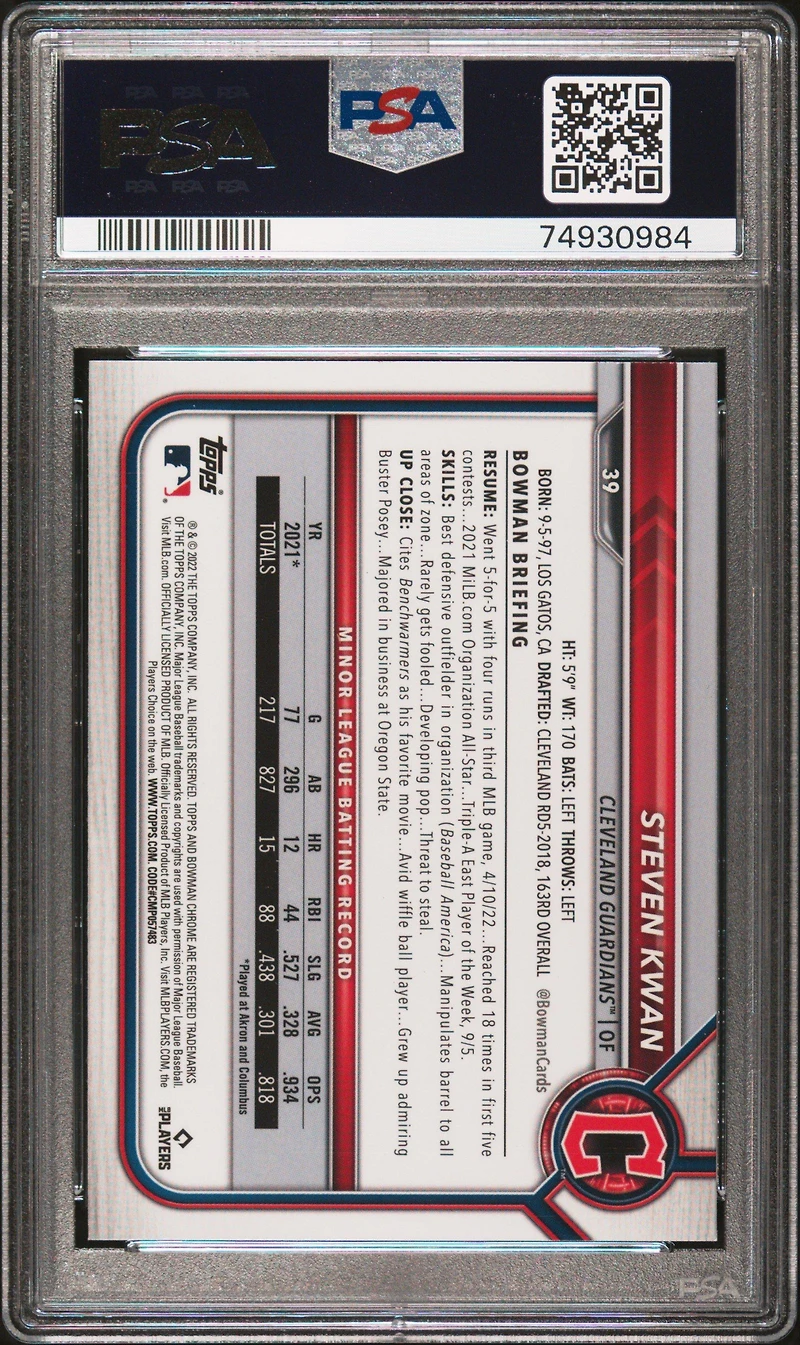 2022 Bowman Chrome Sapphire Edition 39 Steven Kwan PSA 10
