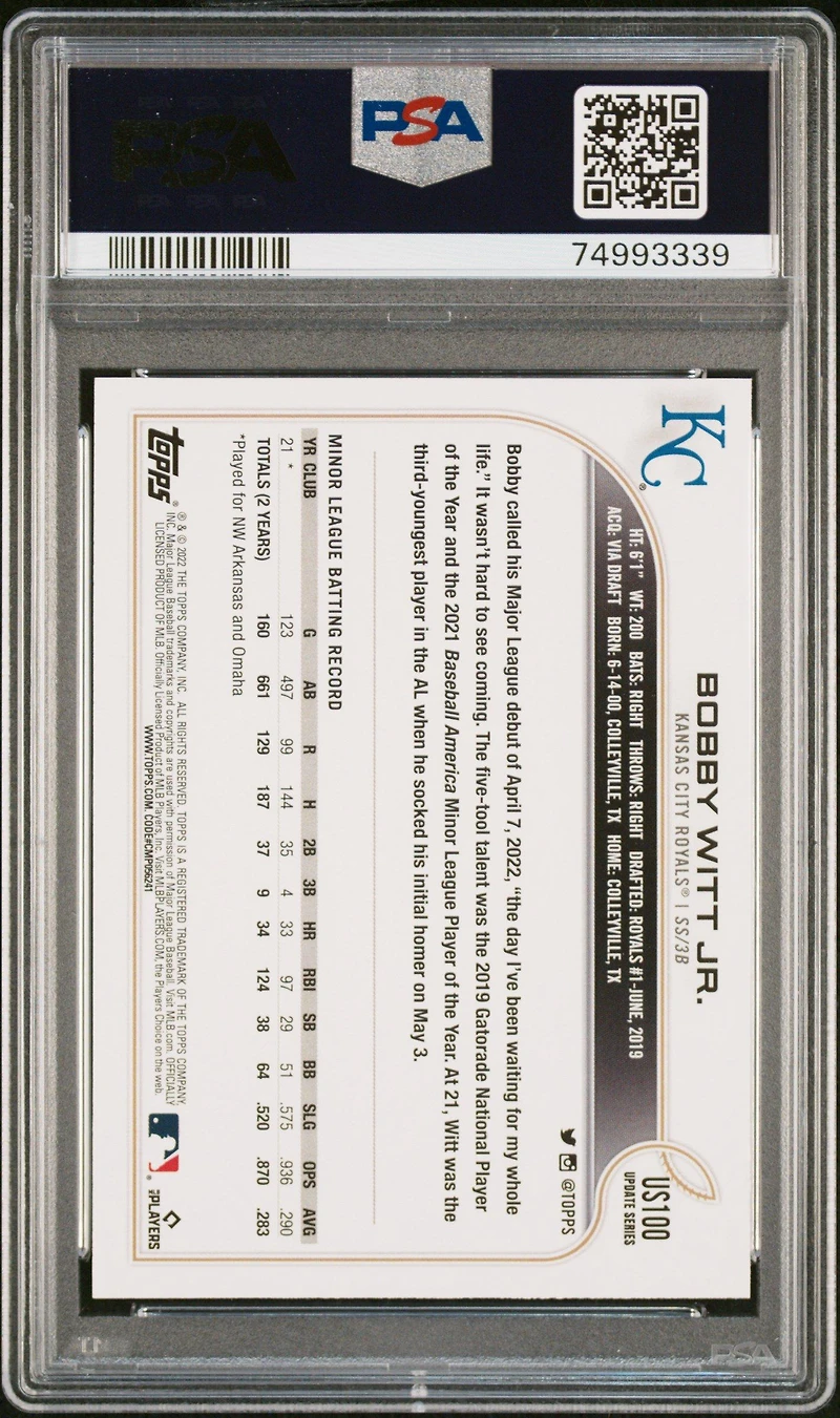 2022 Topps Update Us100 Bobby Witt Jr. PSA 10