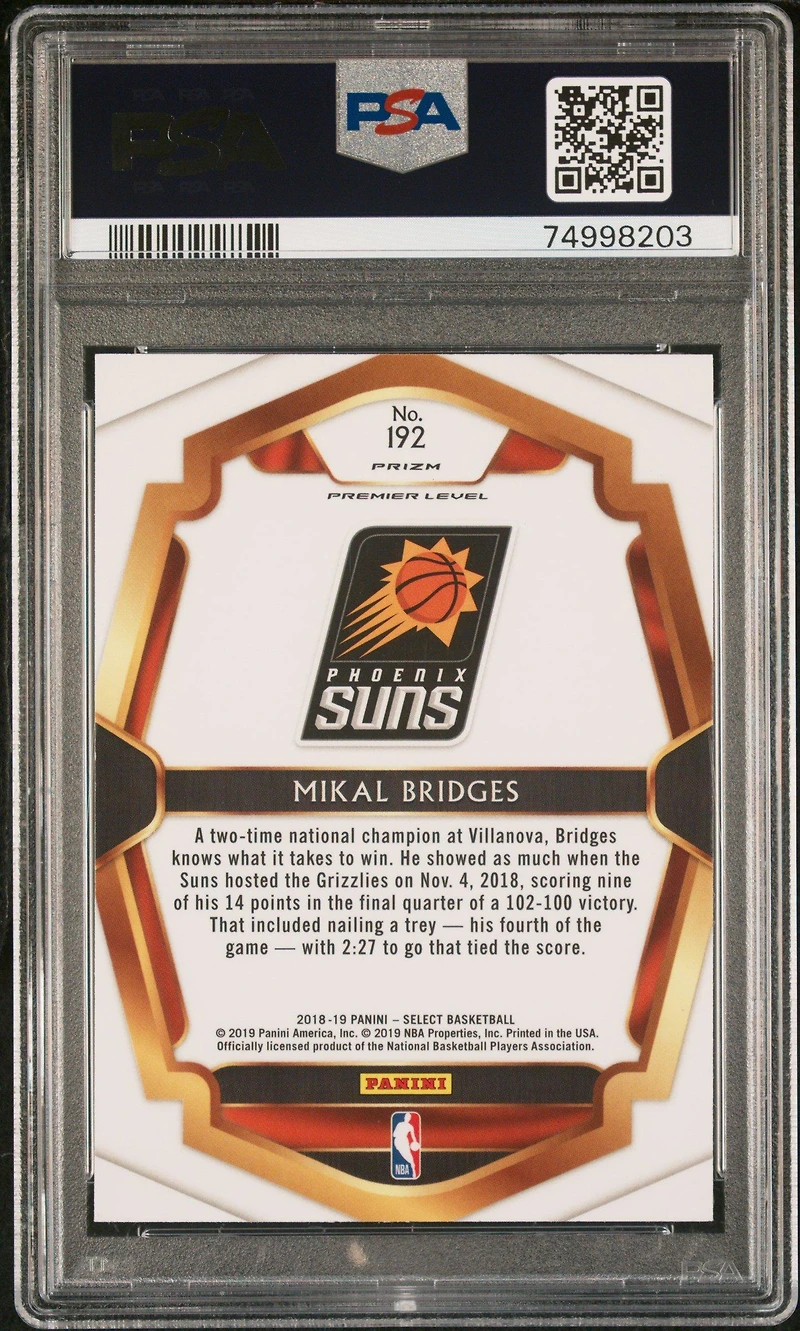 2018 Panini Select 192 Mikal Bridges Silver Prizm PSA 10