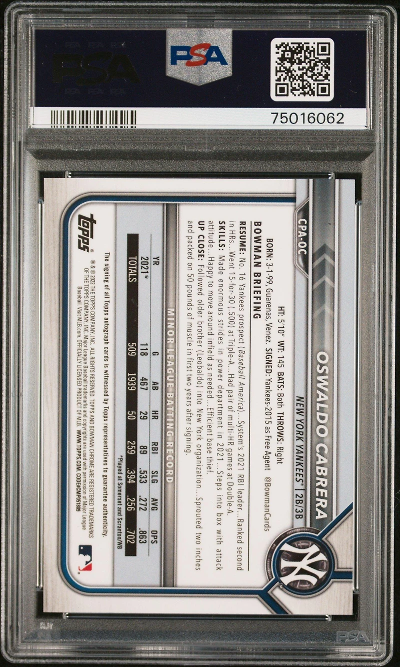 2022 Bowman Chrome Prospect Autographs Cpaoc Oswaldo Cabrera Purple Refractor PSA 10