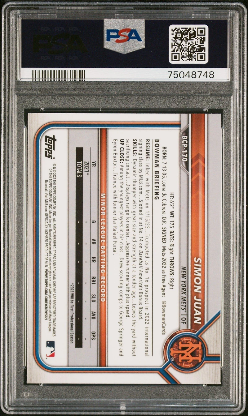 2022 Bowman Chrome Prospects Bcp170 Simon Juan PSA 10