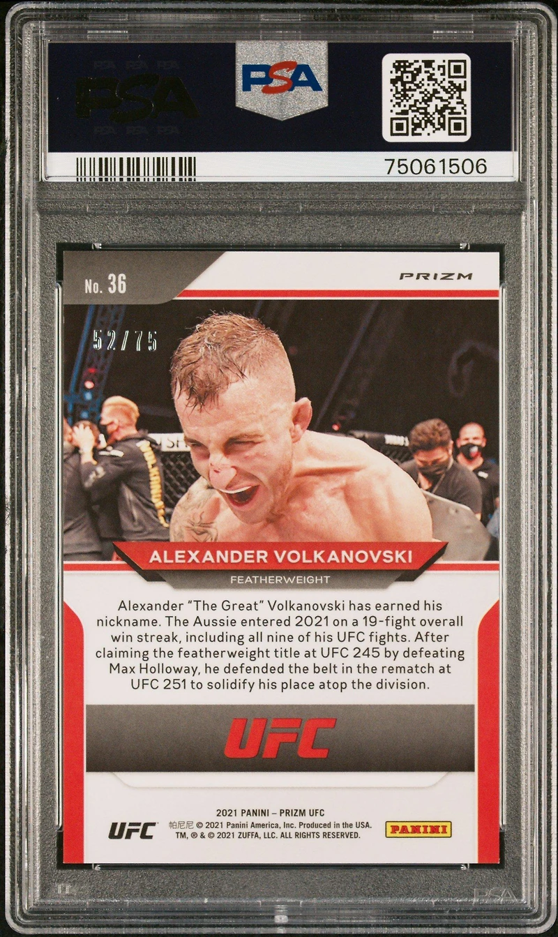 2021 Panini Prizm Ufc 36 Alexander Volkanovski Neon Green Prizm PSA 9