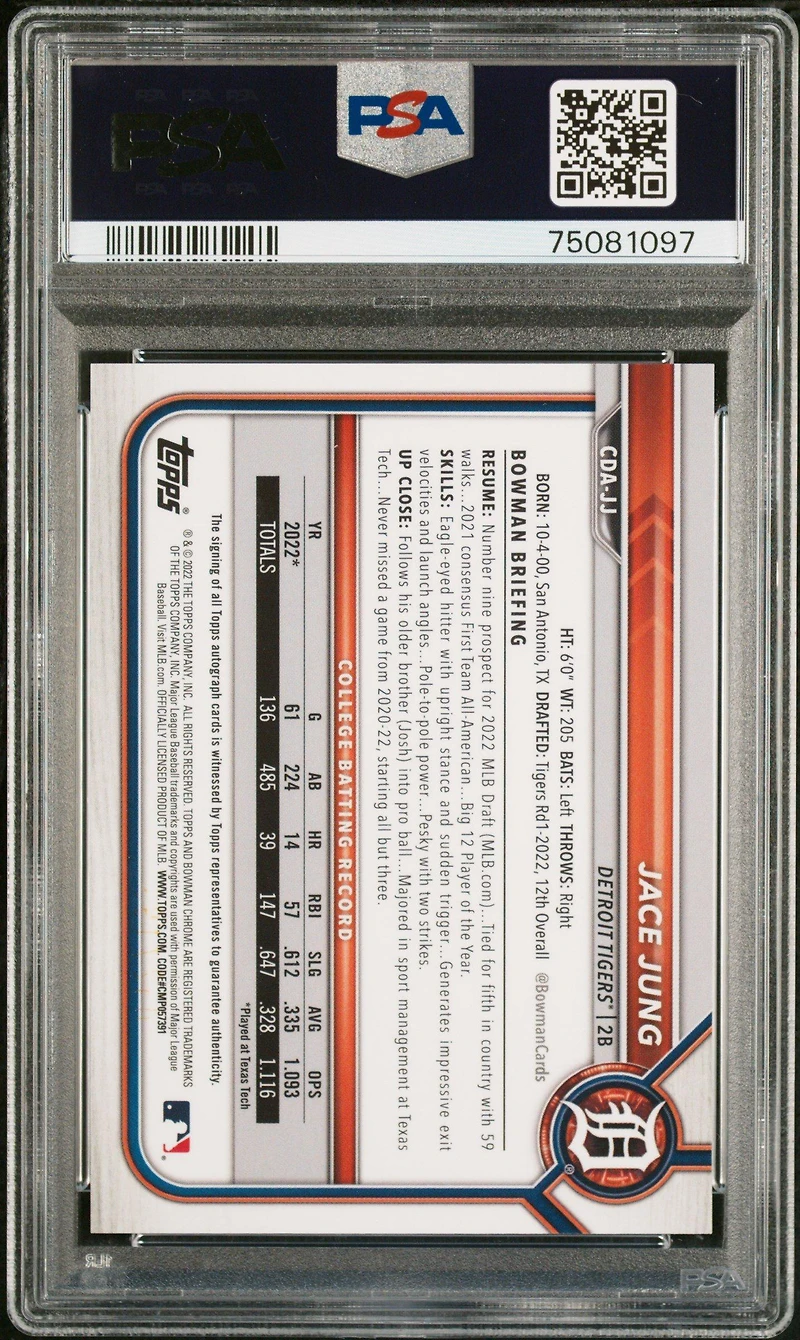 2022 Bowman Draft Chrome Draft Pick Autographs Cdajj Jace Jung Aqua Lava Refractor PSA 10