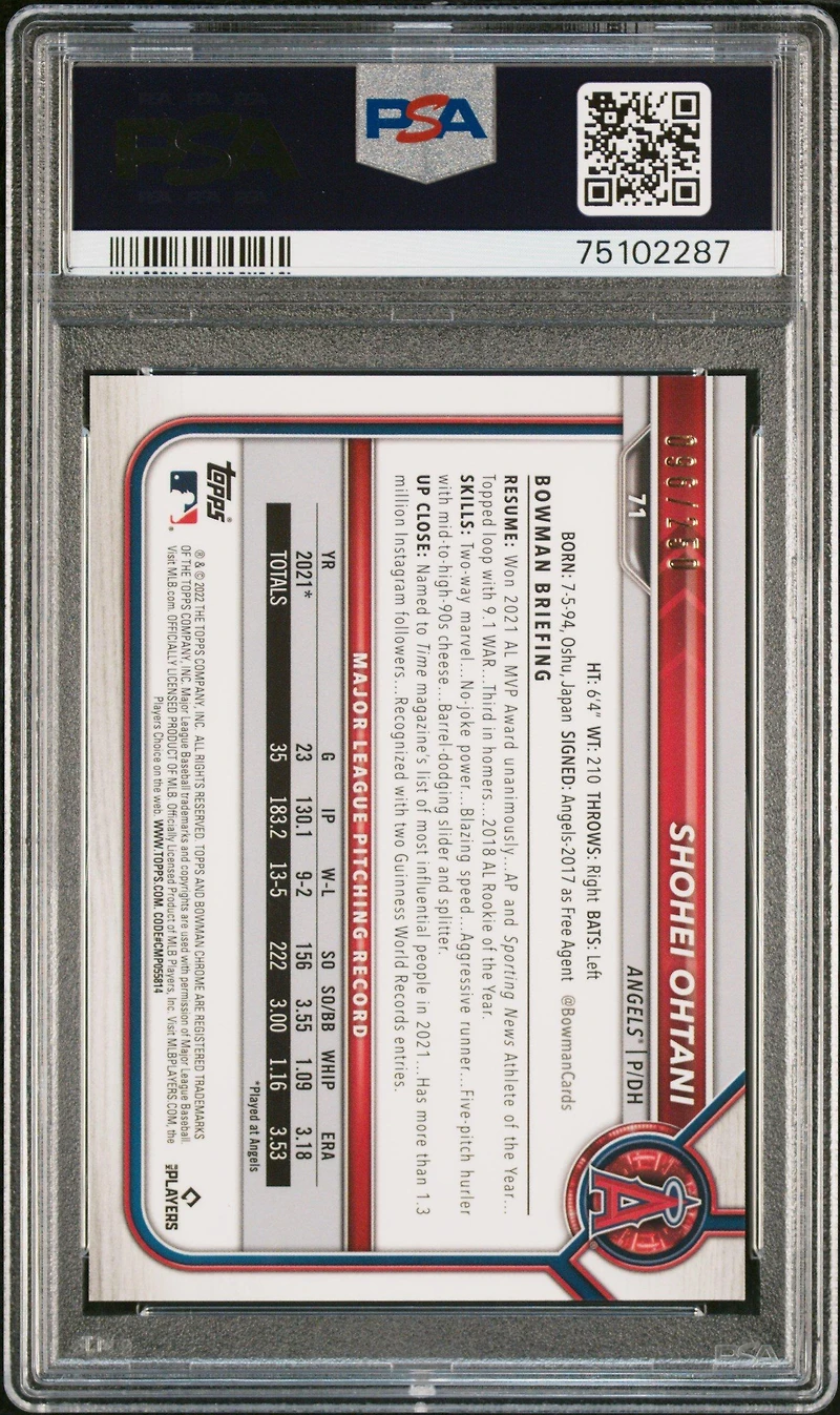 2022 Bowman Chrome 71 Shohei Ohtani Purple Refractor PSA 10