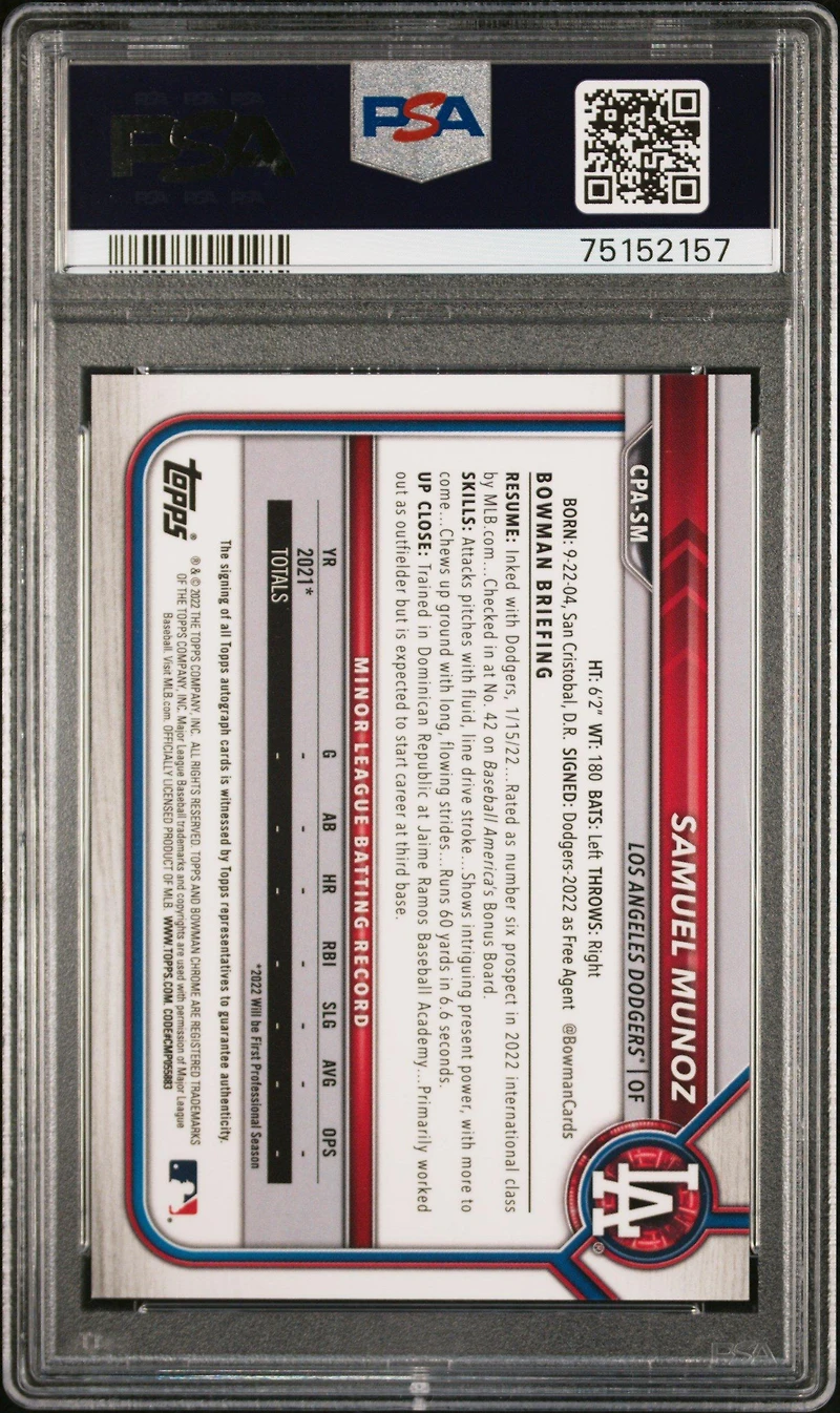 2022 Bowman Chrome Prospect Autographs Cpasm Samuel Munoz PSA 10