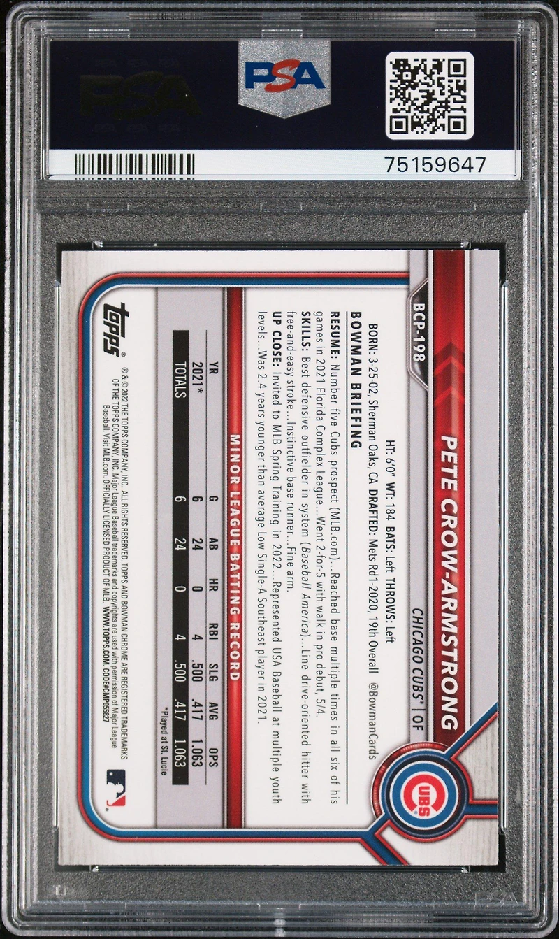 2022 Bowman Chrome Prospects Bcp198 Pete Crow-armstrong Black & White Mini Diamond Refractor PSA 9