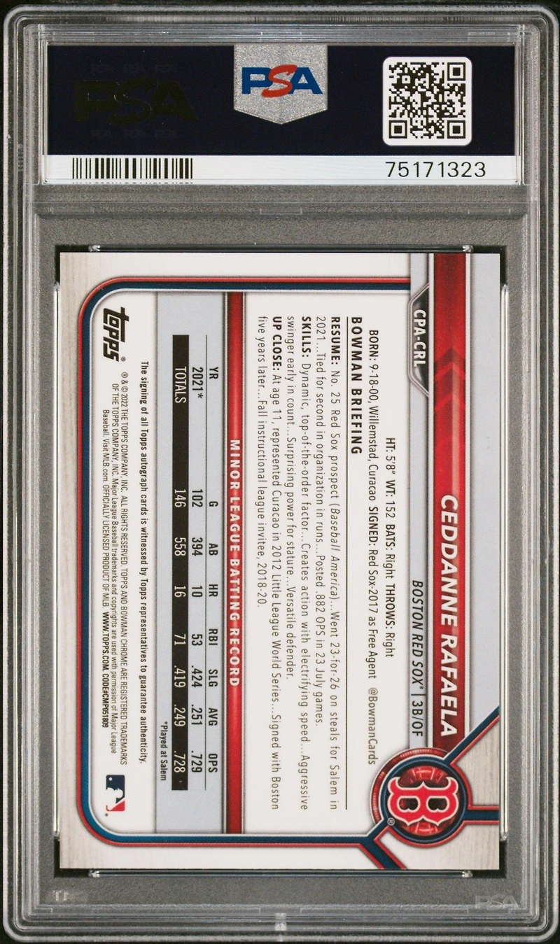2022 Bowman Chrome Prospect Autographs Cpacrl Ceddanne Rafaela PSA 10