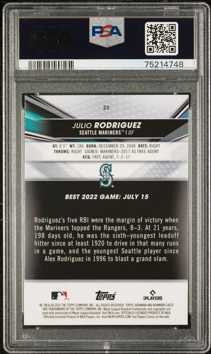 2022 Bowman's Best 23 Julio Rodriguez Atomic Refractor PSA 10