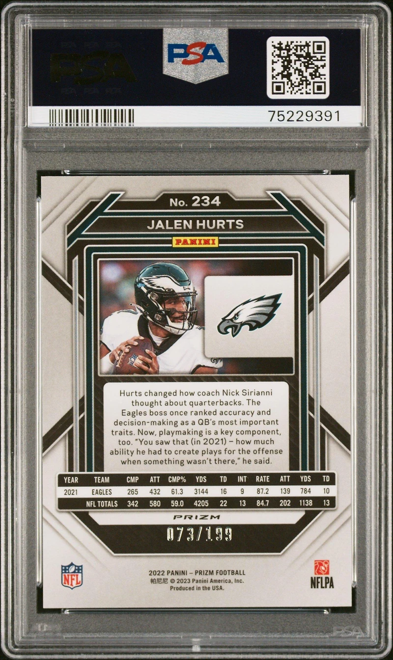 2022 Panini Prizm 234 Jalen Hurts Blue Wave PSA 10