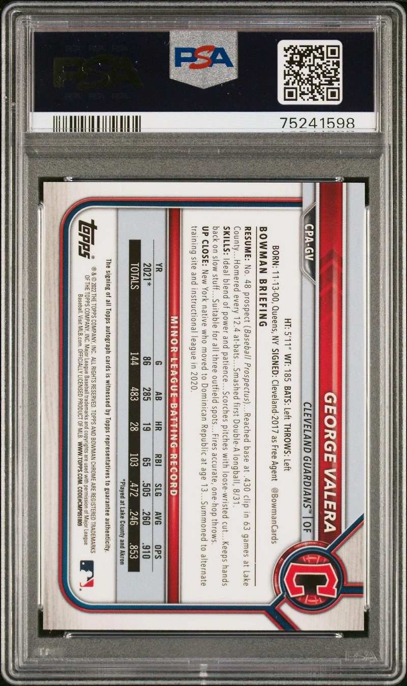 2022 Bowman Chrome Prospect Autographs Cpagv George Valera Blue Refractor PSA 9