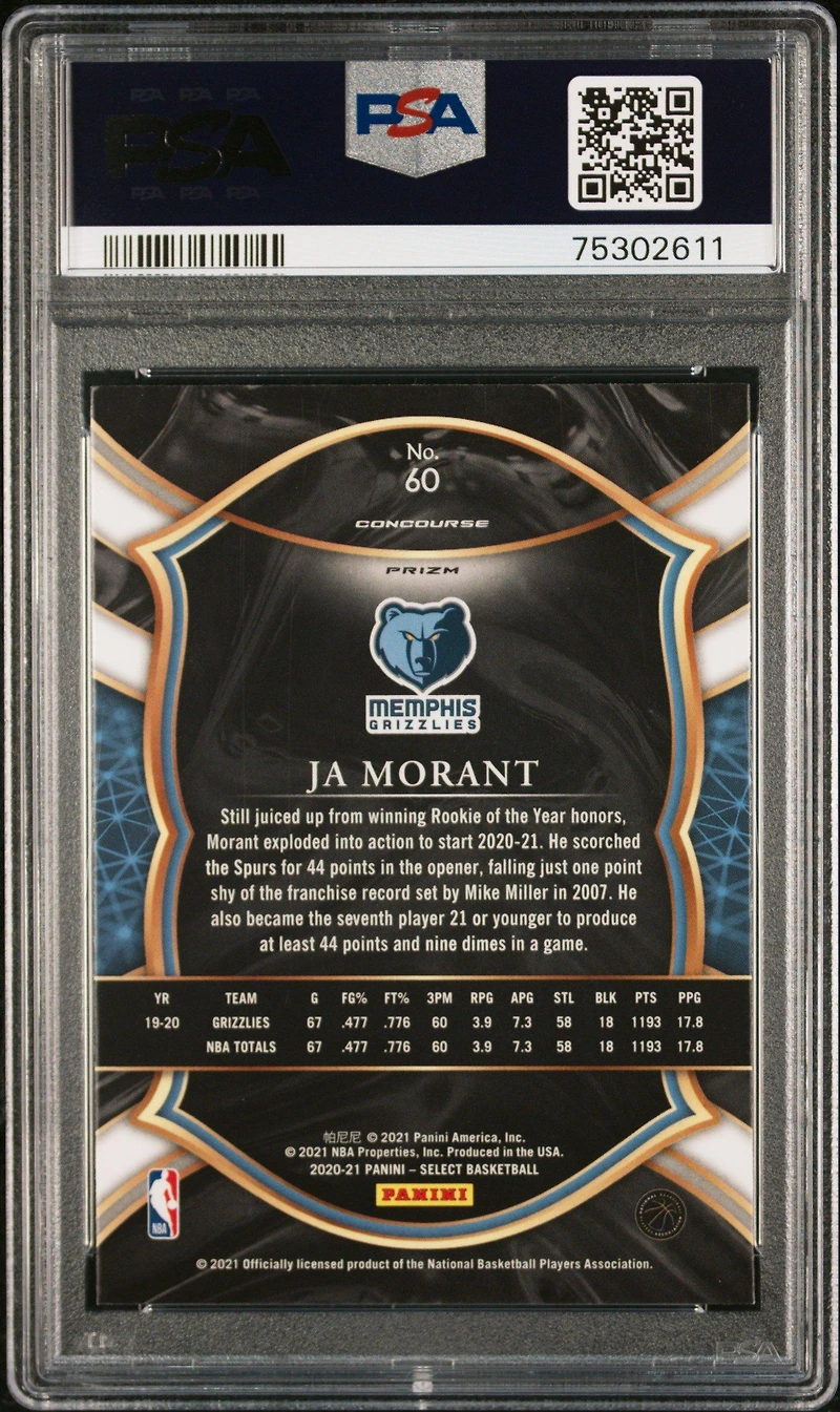 2020 Panini Select 60 Ja Morant Gold Wave Prizm PSA 10