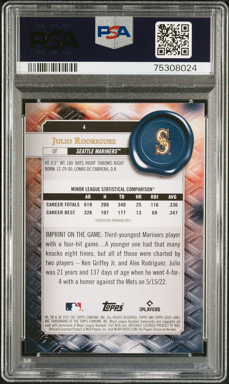 2022 Topps Gold Label 4 Julio Rodriguez Class 1 PSA 9