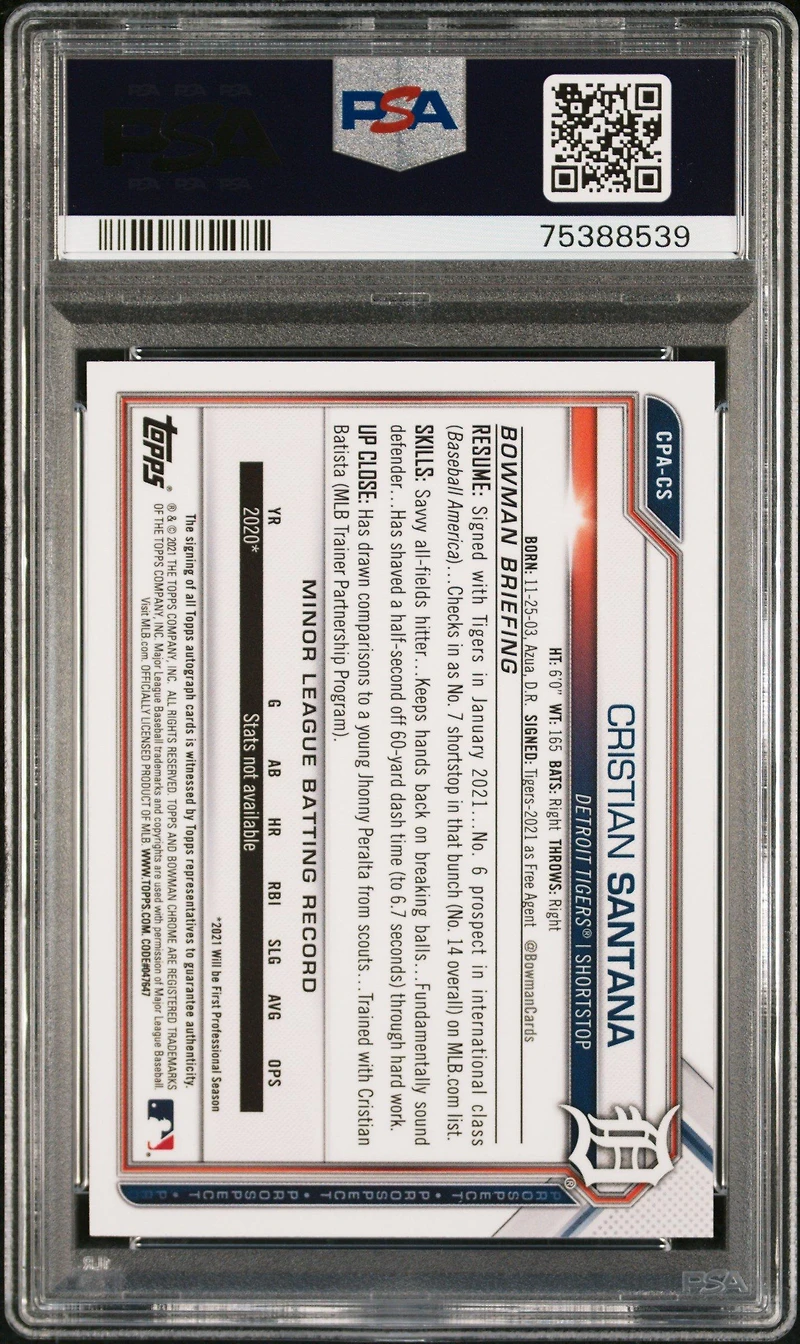 2021 Bowman Chrome Prospect Autographs Cpacs Cristian Santana Orange Shimmer Refractor PSA 10