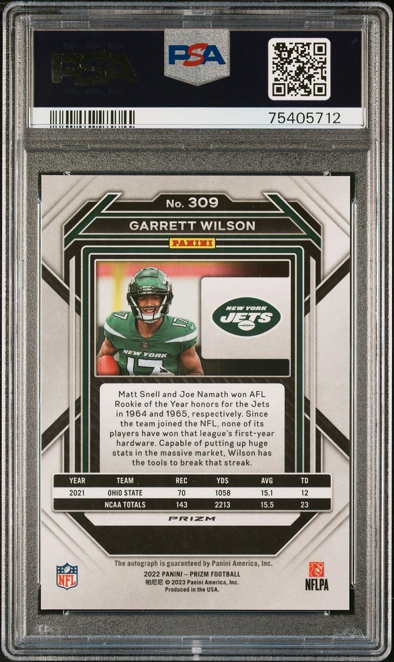 2022 Panini Prizm 309 Garrett Wilson Autograph PSA 9