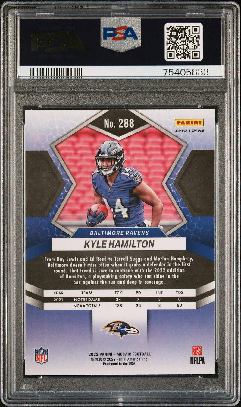 2022 Panini Mosaic 288 Kyle Hamilton White Sparkle PSA 10