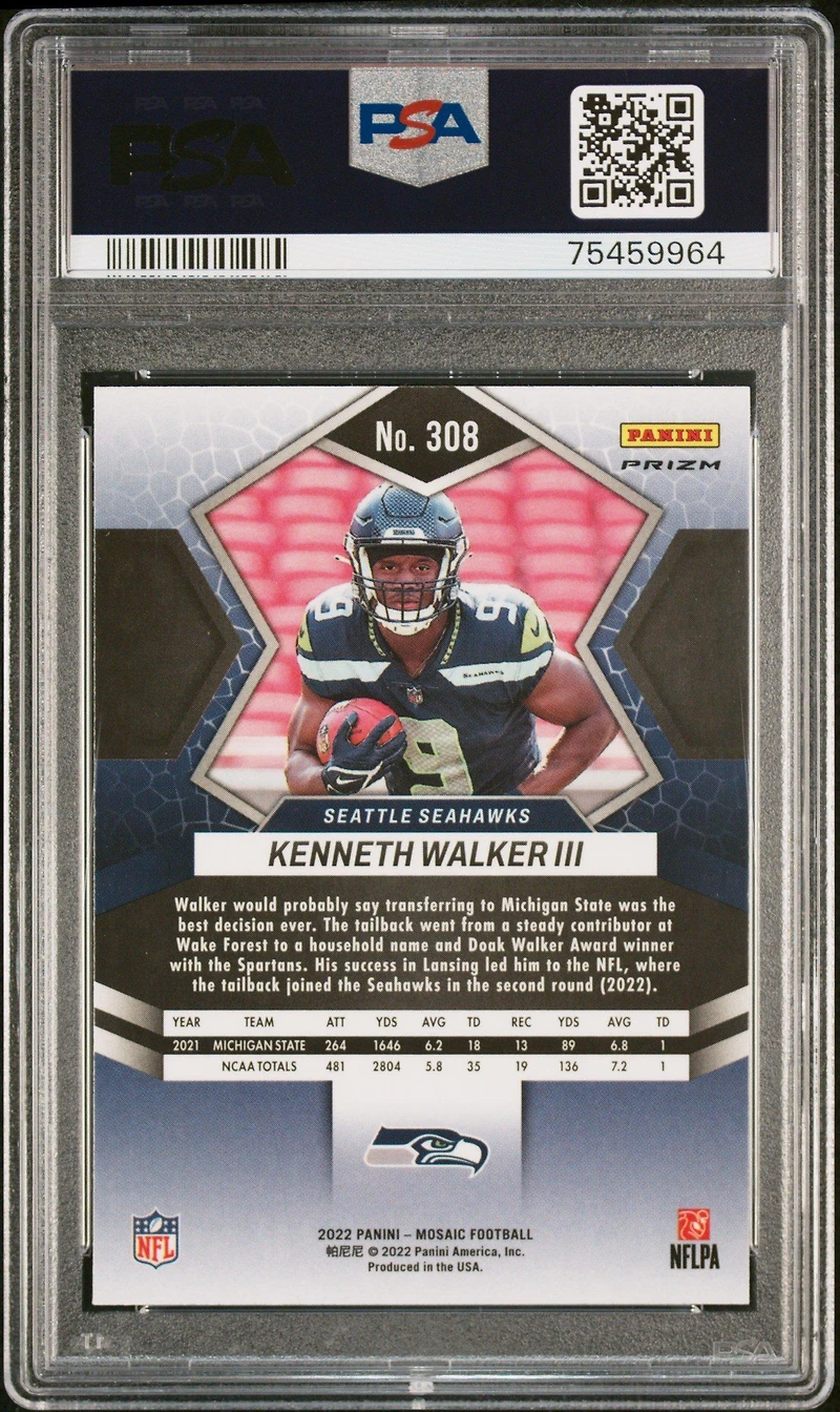2022 Panini Mosaic 308 Kenneth Walker Iii PSA 10