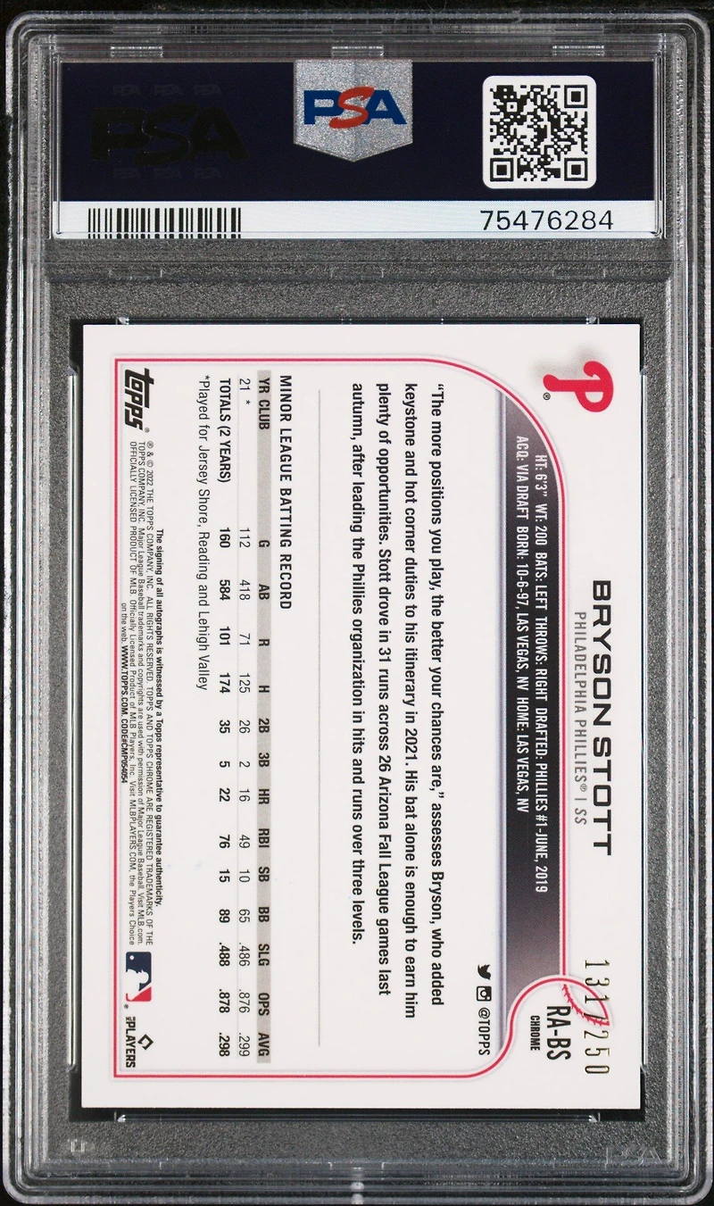 2022 Topps Chrome Rookie Autographs Rabs Bryson Stott Purple Refractor PSA 10