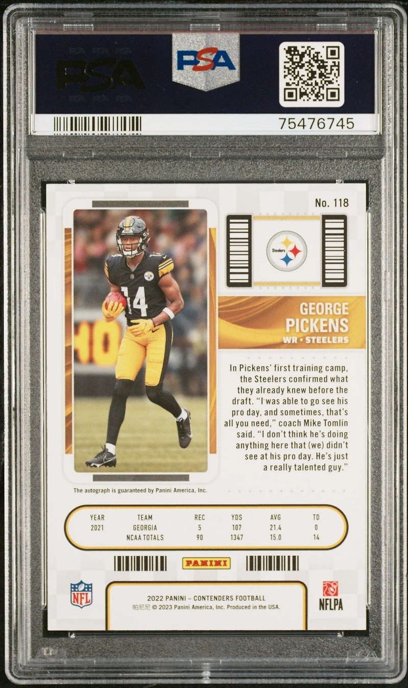 2022 Panini Contenders 118 George Pickens Autograph PSA 9