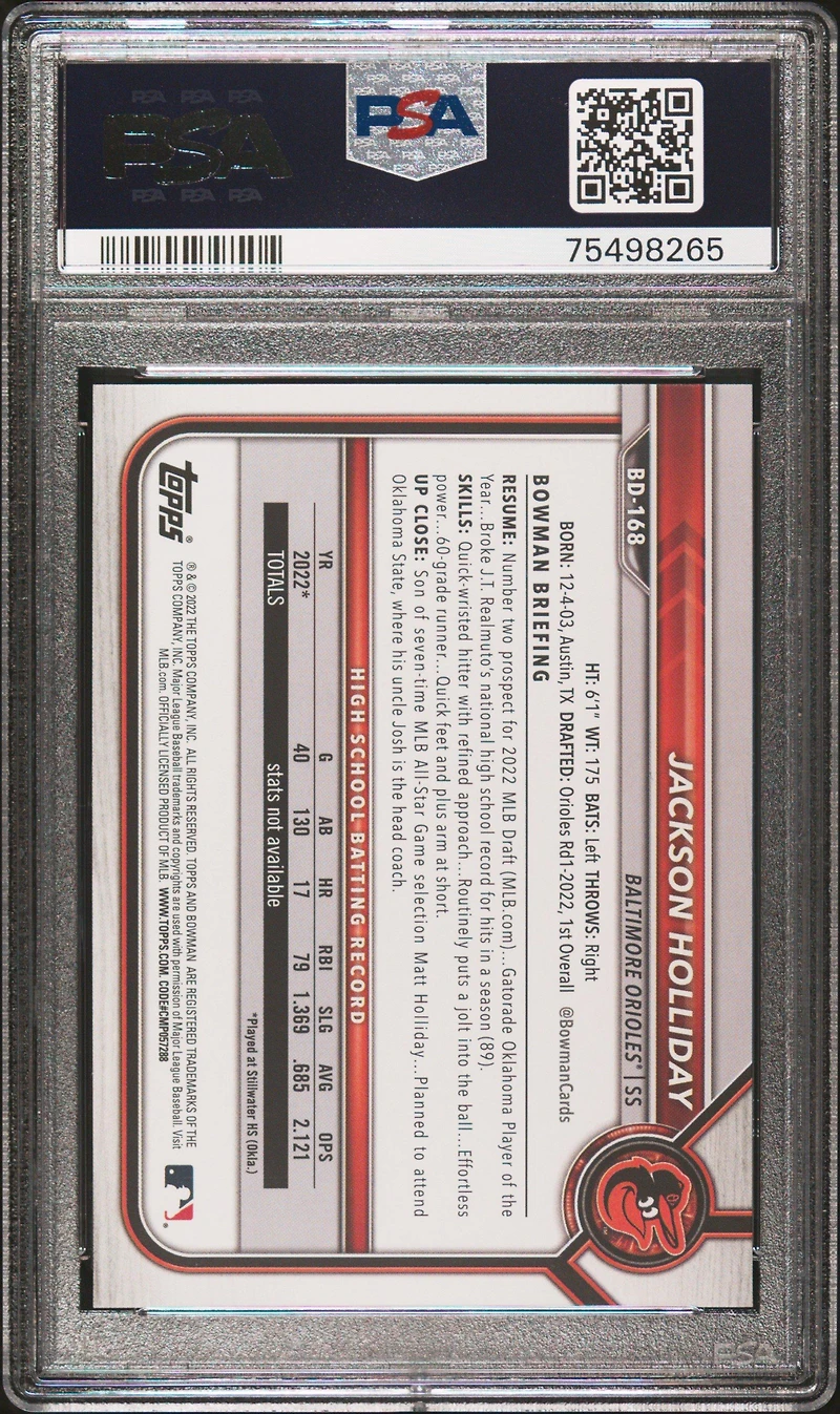 2022 Bowman Draft Bd168 Jackson Holliday PSA 10