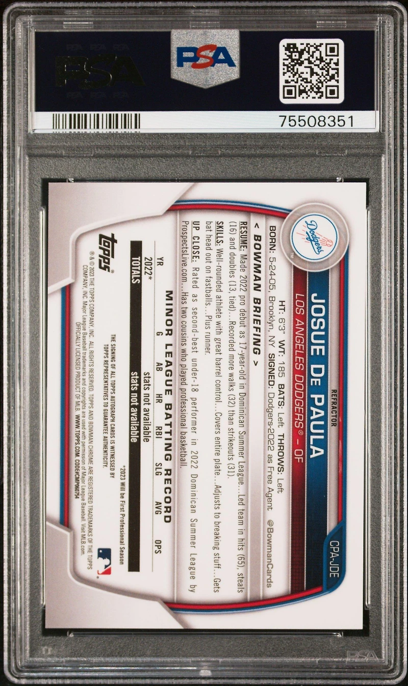 2023 Bowman Chrome Prospect Autographs Cpajde Josue De Paula Refractor PSA 10