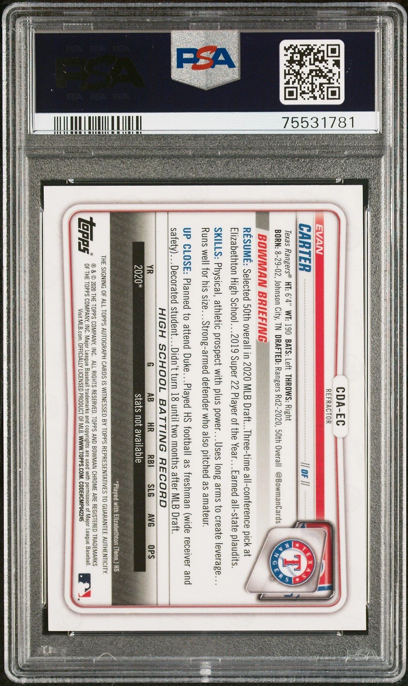 2020 Bowman Draft Chrome Draft Picks Autographs Cdaec Evan Carter Refractor PSA 10