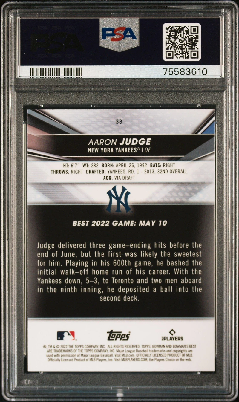 2022 Bowman's Best 33 Aaron Judge Atomic Refractor PSA 10