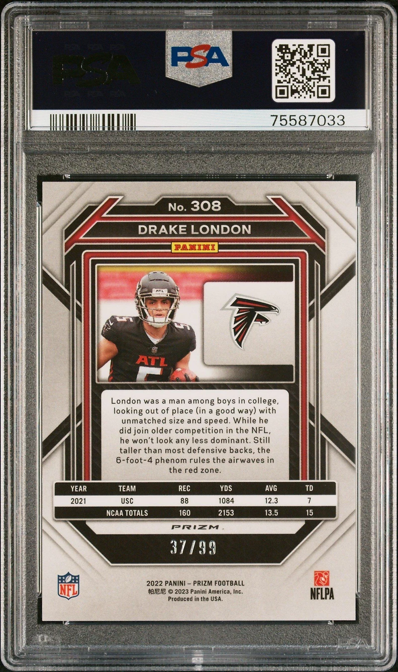 2022 Panini Prizm 308 Drake London Blue Ice PSA 10