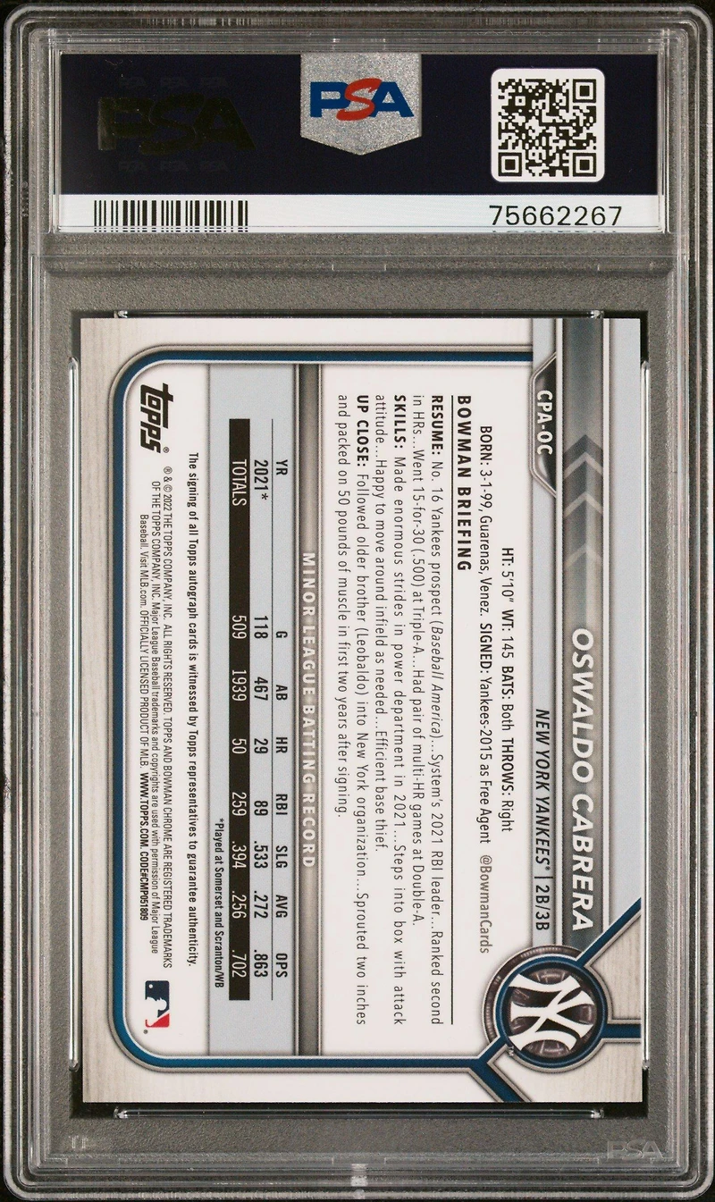 2022 Bowman Chrome Prospect Autographs Cpaoc Oswaldo Cabrera PSA 10