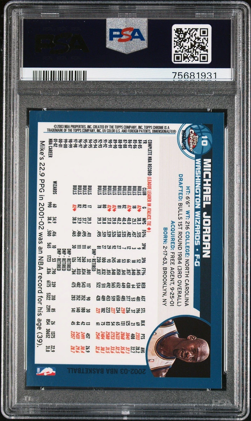 2002 Topps Chrome 10 Michael Jordan Refractor PSA 8