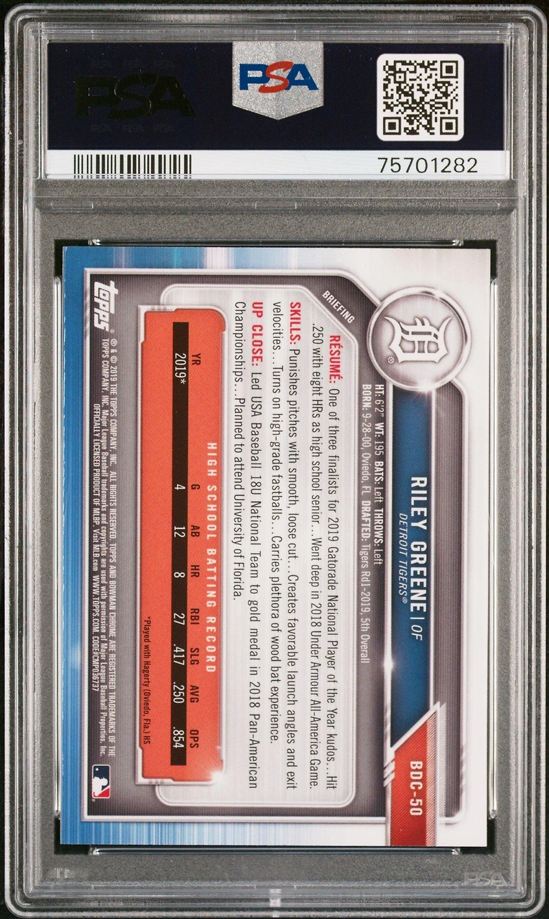 2019 Bowman Draft Bdc50 Riley Greene Chrome-with Bat PSA 10