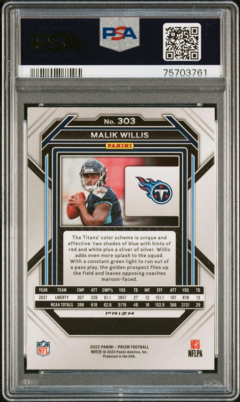 2022 Panini Prizm 303 Malik Willis Silver Prizm PSA 9