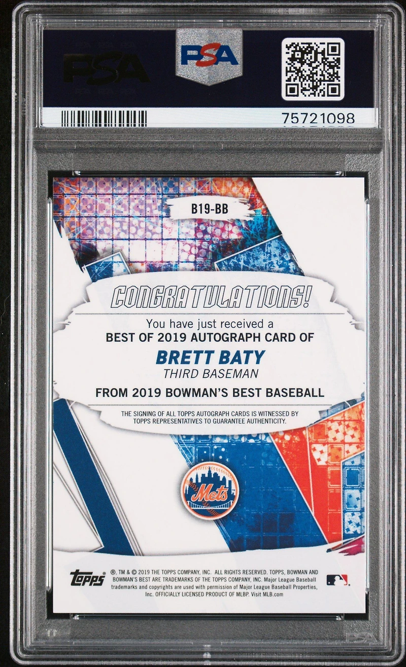 2019 Bowman's Best Best Of 2019 Autographs B19bb Brett Baty Blue Refractor PSA 10