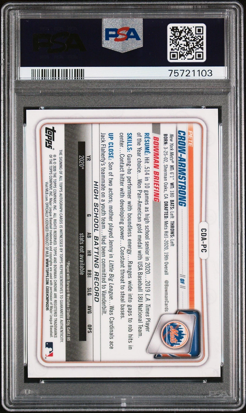 2020 Bowman Draft Chrome Draft Picks Autographs Cdapc Pete Crow-armstrong Gold Wave Refractor PSA 9