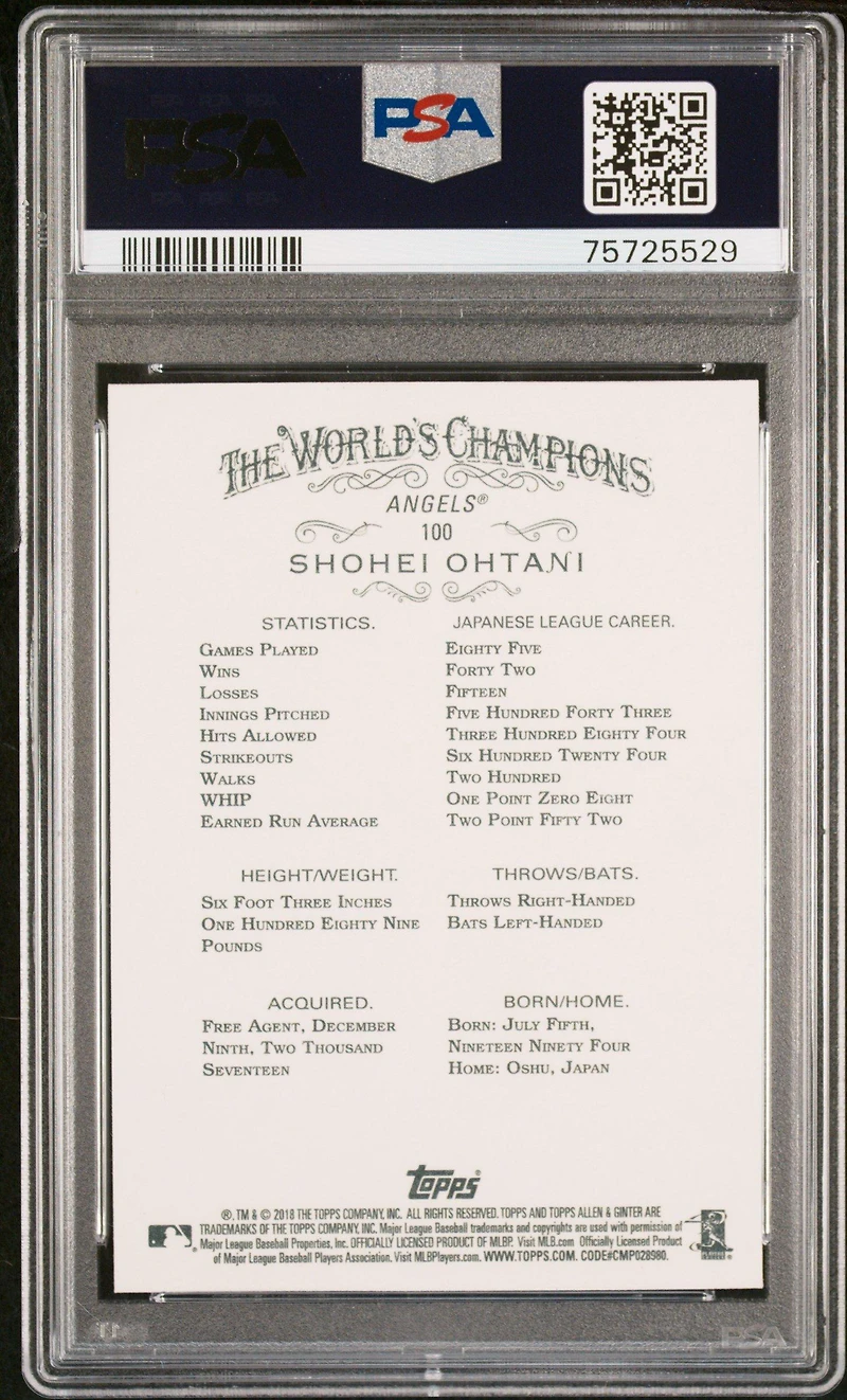 2018 Topps Allen & Ginter 100 Shohei Ohtani PSA 10