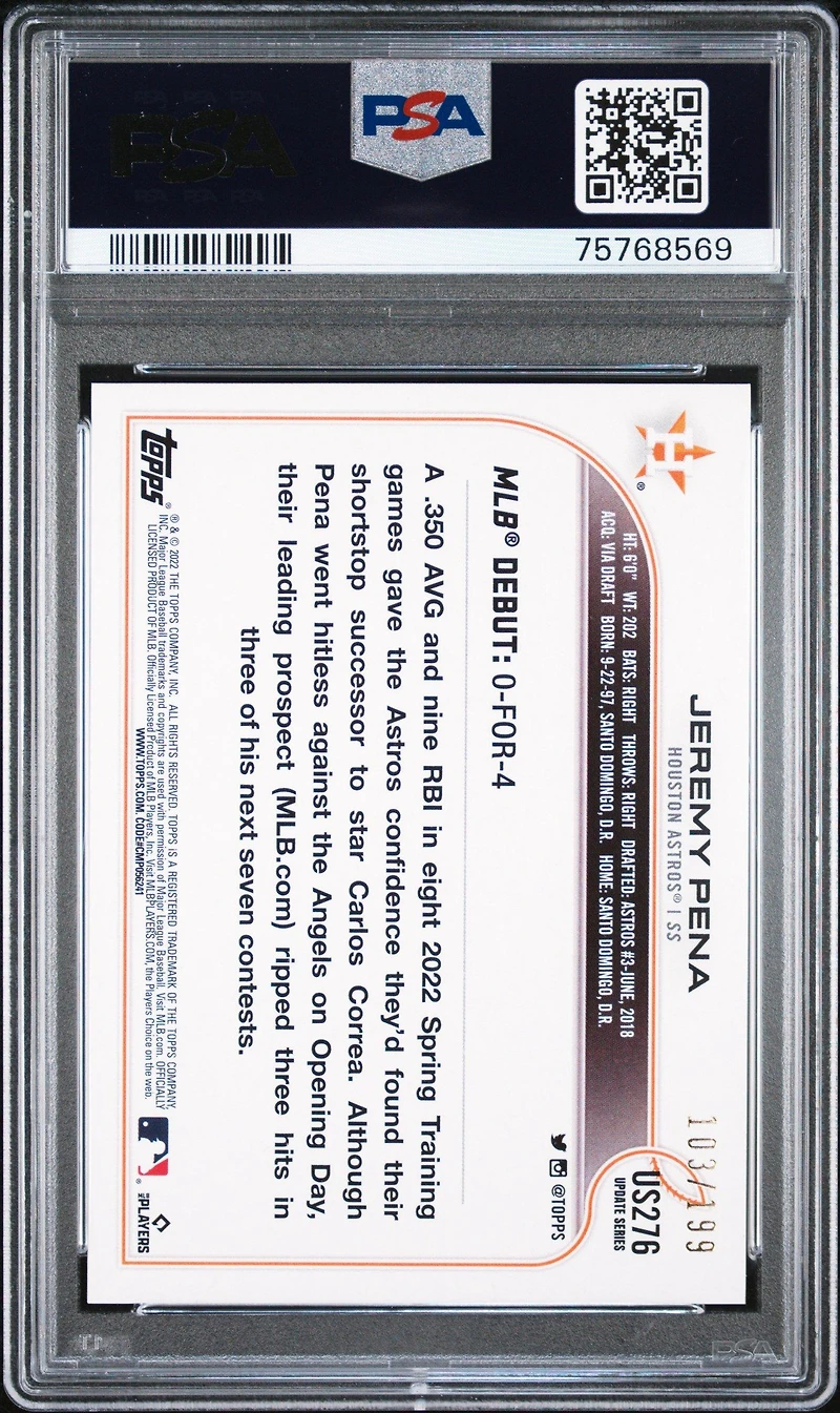 2022 Topps Update Us276 Jeremy Pena Red Foil PSA 9