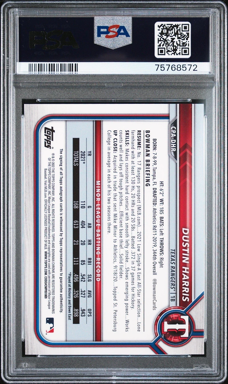 2022 Bowman Chrome Prospect Autographs Cpadhr Dustin Harris Green Refractor PSA 9