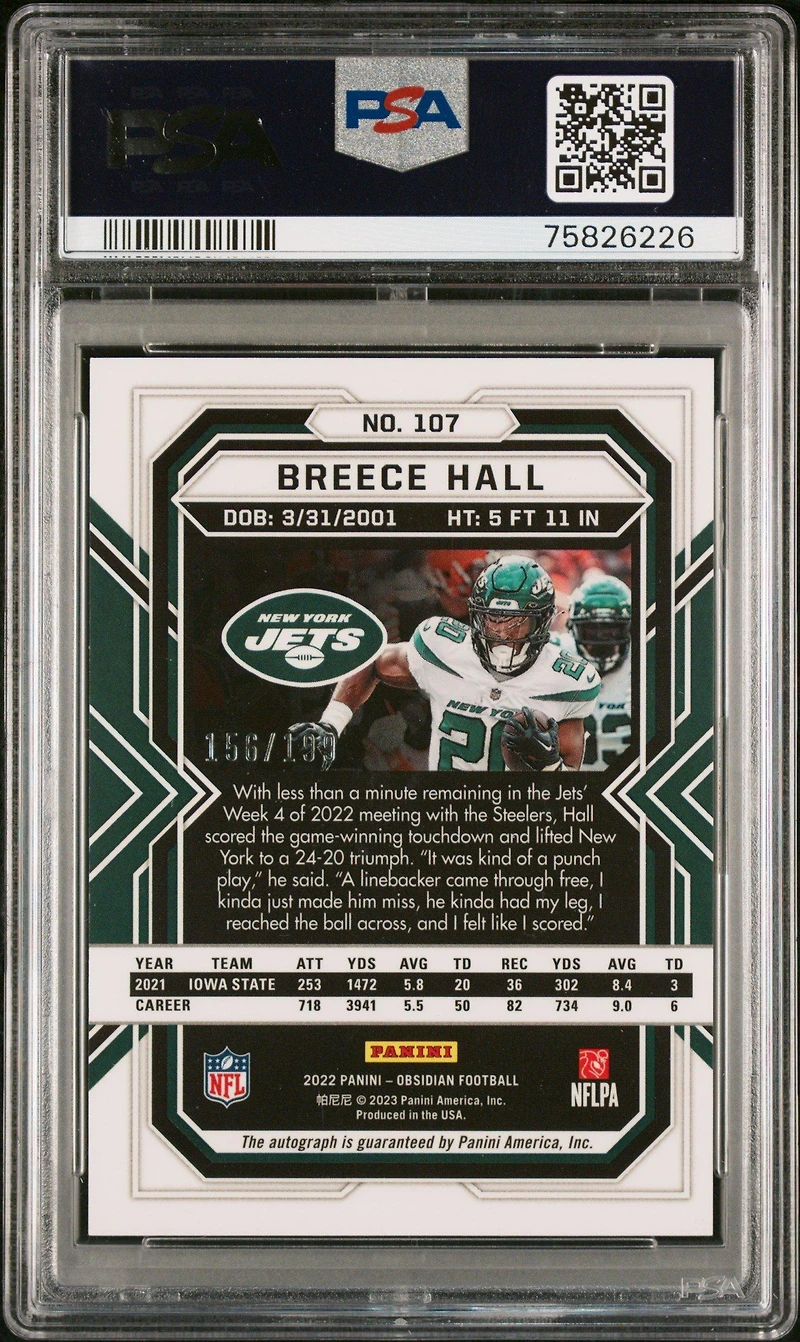 2022 Panini Obsidian 107 Breece Hall Autograph PSA 8