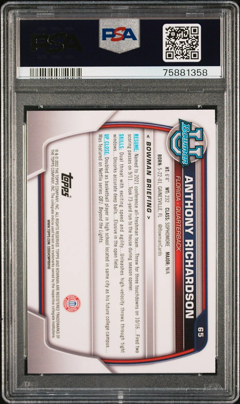 2022 Bowman University Chrome Prospects 65 Anthony Richardson PSA 10